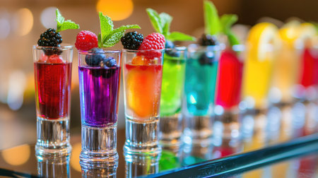 Assortment of colorful shooters with different garnishes, like mint, lemon, and berries, on a sleek glass tray at a wedding receptionの素材