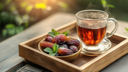 Bowl of Medjool dates with a cup of hot tea beside it, placed on a wooden tray, capturing a cozy, comforting atmosphere perfect for a tea time settingの素材
