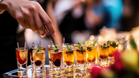 Bartenderaes hand skillfully arranging assorted shooters on a tray, preparing for a wedding toast, with blurred guests in the backgroundの素材