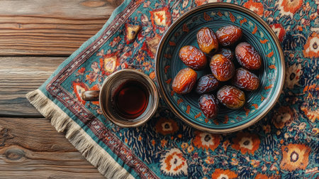 Bowl of dates placed on a patterned cloth with a cup of mint tea beside it, evoking a Middle Eastern tea-time setting rich in culture and traditionの素材