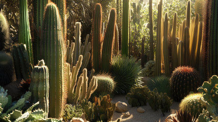 Cactus garden with a mix of different species, from tall, slender cacti to short, round ones, each displaying unique textures and colors under the bright sunの素材