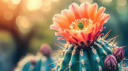 Close-up of a cactus flower in full bloom, with its vibrant petals contrasting against the sharp spines and green pads of the cactus, under a bright sunの素材