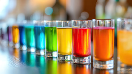 Close-up of colorful cocktail shooters lined up on a wedding reception table, each glass filled with different vibrant beverages, with soft focus on the backgroundの素材