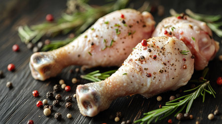 Close-up of fresh raw chicken drumsticks with rosemary, thyme, and peppercorns on a dark wooden surface, highlighting the texture and freshness of the ingredientsの素材