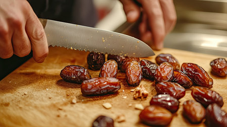 Close-up of dates being chopped with a knife on a cutting board, with focus on the fruit and knife, highlighting food preparation for cooking or bakingの素材