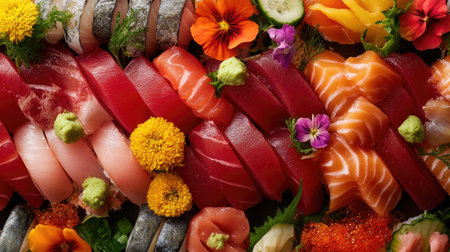 Close-up of a large platter of assorted sashimi, featuring vibrant cuts of tuna, salmon, and yellowtail, artfully arranged with garnishes and edible flowersの素材