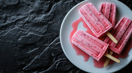 Close-up shot of strawberry ice cream popsicles melting slightly on a white plate, with juice drips forming artistic patterns on a black stone backgroundの素材