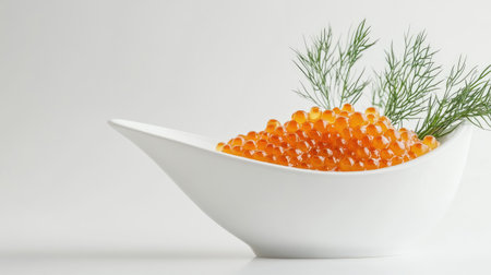 Close-up of fresh pike caviar with sprigs of dill in a sleek white gravy boat, showcasing the luxurious food item against a pure white backdropの素材