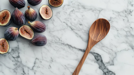 Dates and fresh figs on a marble countertop, with a wooden spoon beside them, capturing a rustic and healthy cooking preparation sceneの素材