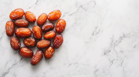 Dates arranged in a heart shape on a marble countertop, with a soft focus background, symbolizing health and love for natural, organic foodsの素材