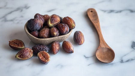 Dates and fresh figs on a marble countertop, with a wooden spoon beside them, capturing a rustic and healthy cooking preparation sceneの素材