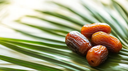 Fresh dates on a palm leaf, set against a light, airy background, emphasizing their natural connection to tropical regions and their fresh appealの素材