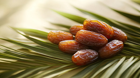 Fresh dates on a palm leaf, set against a light, airy background, emphasizing their natural connection to tropical regions and their fresh appealの素材
