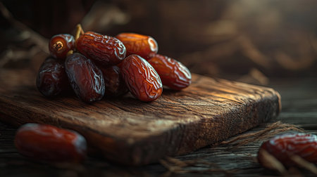 Fresh dates still attached to their stem, displayed on a rustic wooden board, with selective focus on the fruit and a blurred background for depthの素材