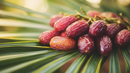 Fresh dates on a palm leaf, set against a light, airy background, emphasizing their natural connection to tropical regions and their fresh appealの素材