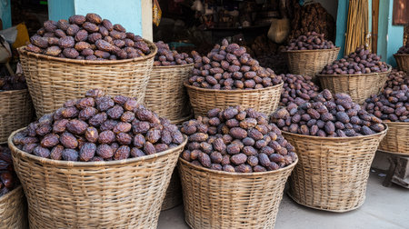 Heaps of dried dates at a marketplace, displayed in large baskets, capturing the abundance and variety of this traditional fruit in a vibrant, cultural settingの素材