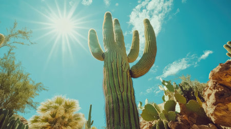 Low-angle shot of a tall saguaro cactus, with its arms raised toward a bright blue sky, surrounded by other desert plants and rocks, emphasizing its height and resilienceの素材