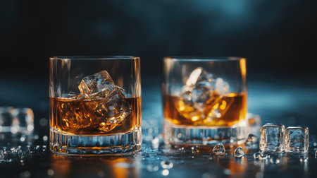 Pair of whiskey glasses with ice cubes on a dark surface, selective focus on the nearest glass, capturing the warmth and clarity of the drinkの素材