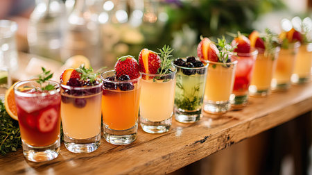 Variety of cocktail shooters displayed on a rustic wooden bar counter at a wedding reception, garnished with fresh fruits and herbsの素材