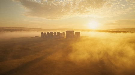 A wide-angle view of Stonehenge at dawn, with the morning mist rolling over the landscape and the stones lit by the gentle rays of the rising sunの素材
