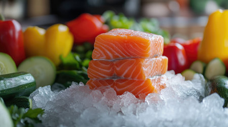 A vibrant stack of raw salmon fillets on a bed of crushed ice, surrounded by fresh vegetables like bell peppers and zucchini, perfect for a seafood market settingの素材