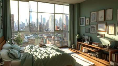 Cozy bedroom in a Brooklyn apartment with sage green accents, maple wood furnishings, and a clear view of upper Manhattan, ideal for modern urban living photographyの素材