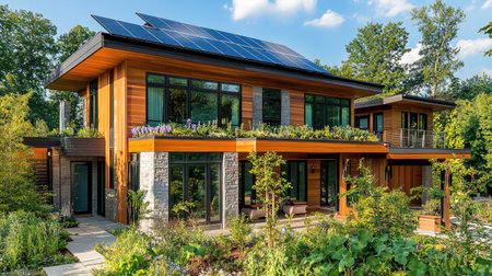 Exterior of a modern eco-friendly home with solar panels on the roof, sustainable materials, and a lush green garden, promoting sustainable livingの素材