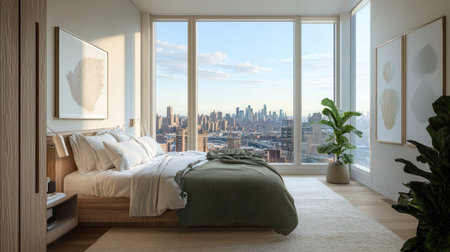 Elegant bedroom interior in a Brooklyn condo with a mix of sage green textiles and maple wood finishes, providing a serene atmosphere and views of Manhattan's skylineの素材