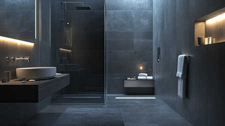 Minimalist bathroom design featuring a walk-in glass shower, grey stone flooring, and a floating vanity with stylish chrome fixtures and ambient lightingの素材