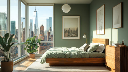 Modern bedroom interior in Brooklyn with a calming sage green and maple color scheme, complemented by a view of Manhattan's skyscrapers through large windowsの素材