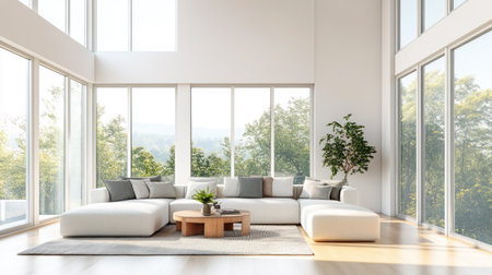 Modern home interior with a bright and airy living room, featuring contemporary furniture, large windows, and minimalist decorの素材