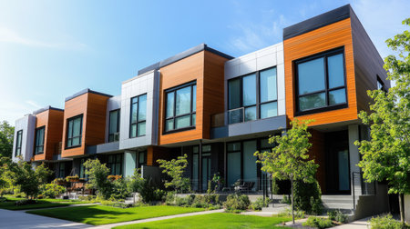 Modern townhouse exterior with a sleek facade, featuring a combination of wood, glass, and metal materials, set in a newly developed residential areaの素材