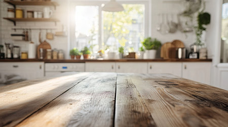 Wooden kitchen table in a bright, airy home with a soft bokeh background. Perfect for food displays, product photography, or tabletop banners.の素材