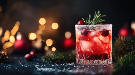 A beautifully lit holiday table with a cranberry cocktail served in a frosted glass, garnished with fresh rosemary, surrounded by Christmas decorations on a dark backgroundの素材
