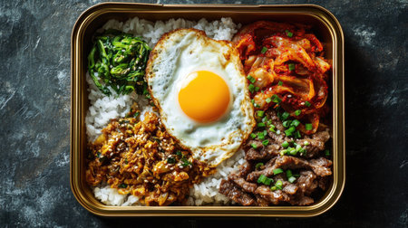 A beautifully arranged Korean Dosirak with rice, bulgogi, a sunny-side egg, spicy kimchi, and roasted laver in a gold metal lunchbox, set against a dark stone backgroundの素材