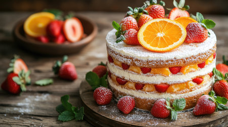 A beautifully decorated vanilla cake with layers of orange slices and whole strawberries, styled with powdered sugar and mint leaves on a rustic wooden tableの素材