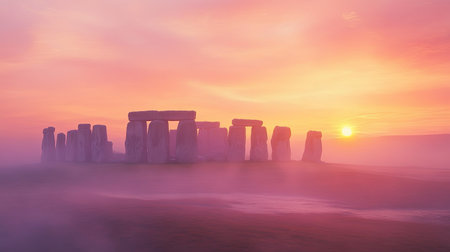 A beautiful sunrise over Stonehenge, with panoramic views capturing the stone circle bathed in soft morning light, under a sky painted with pastel colorsの素材