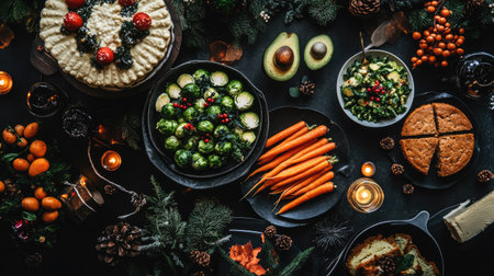 A dark, moody top view of a vegan Christmas dinner with a selection of fresh vegetables like carrots, Brussels sprouts, and cauliflower, along with an avocado salad and cakeの素材