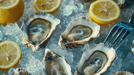 A close-up of large, fresh oysters on a bed of crushed ice, accompanied by sliced lemons and a metal seafood fork.の素材