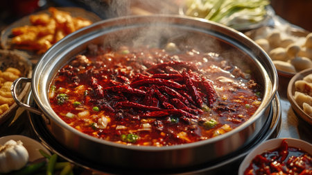A close-up of a steaming Sichuan hot pot, showcasing the deep red broth filled with whole chili peppers, garlic cloves, and peppercorns, with a variety of side dishes around itの素材