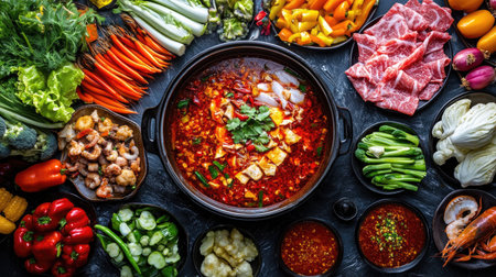 A colorful display of Sichuan hot pot ingredients, including fresh vegetables, thinly sliced lamb, and seafood, set around a central pot filled with a spicy red brothの素材