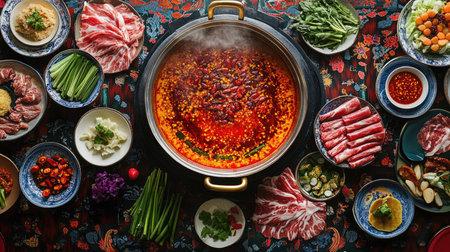 A festive table setting with a Sichuan hot pot in the center, with vibrant red chili oil bubbling, surrounded by colorful plates of sliced meats, vegetables, and dipping saucesの素材