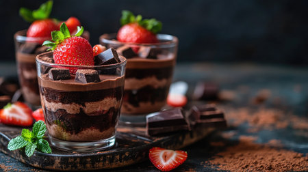 A duo of chocolate desserts in glasses, featuring layers of rich chocolate and fresh strawberries, garnished with cocoa powder and mint, on a rustic table.の素材