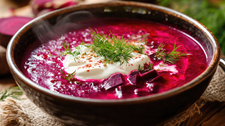 A delicious bowl of hot beetroot soup with sour cream and dill, steaming and inviting, vibrant red color, served on a rustic tablecloth, perfect healthy starterの素材