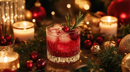 A front view of a cozy winter holiday setting featuring a cranberry cocktail with rosemary, surrounded by Christmas decor such as candles, baubles, and evergreen sprigsの素材