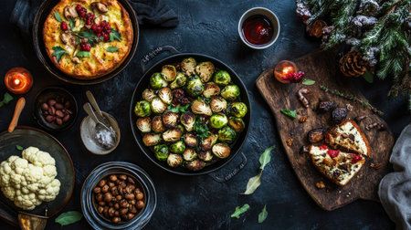 A flat lay of a vegan holiday meal featuring an assortment of roasted Brussels sprouts, cauliflower, mushrooms, and a decadent vegan cake on a dark, rustic tableの素材