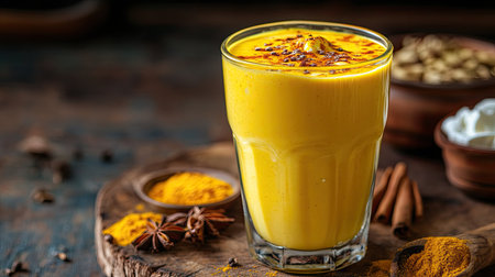 A glass of vibrant turmeric lassi with a sprinkle of spices on top, placed on a rustic wooden surface, surrounded by ingredients like curd, turmeric, and spices, with copy spaceの素材