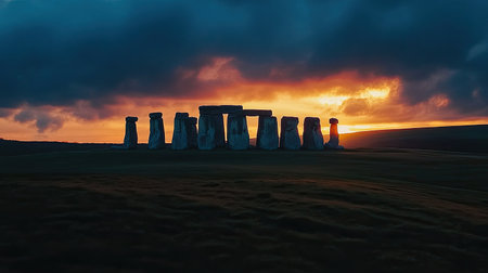 A panoramic shot of Stonehenge at dusk, with the ancient stones silhouetted against a stunning sunset, creating a dramatic and mystical scene in the United Kingdomの素材