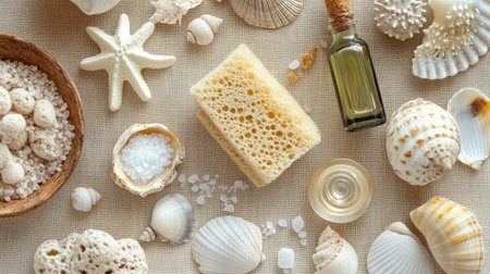 A flat lay of beauty spa items inspired by the sea, featuring natural sponges, shells, sea salt, and herbal oils, on a soft beige fabric background.の素材
