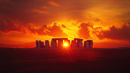 A panoramic view of Stonehenge at sunset, with the sun dipping below the horizon and the sky ablaze with fiery colors, emphasizing the monument's timeless majestyの素材